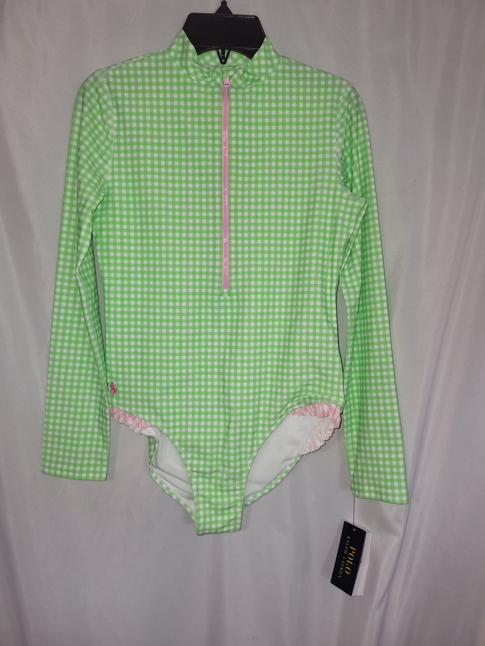 Polo Ralph Lauren Kids Long Sleeve One-Piece Rash Guard Swimsuit Green Gingham